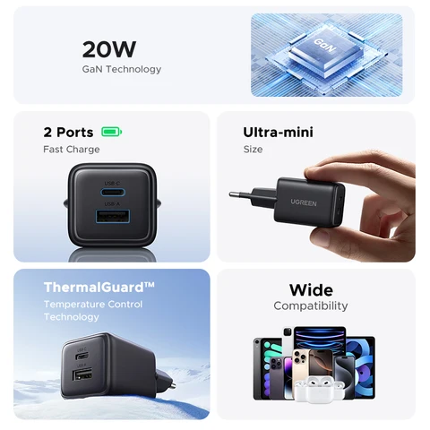 Быстрое зарядное устройство UGREEN 20 Вт USB A и USB C GaN