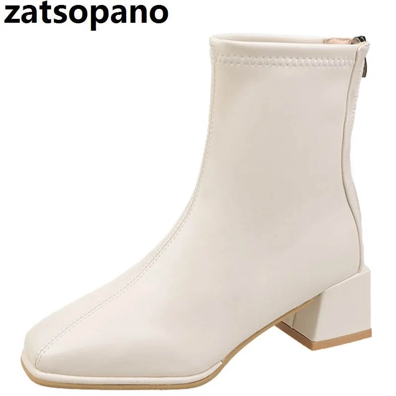 

Женские ботильоны из лакированной кожи, черные ботинки на высоком квадратном каблуке, до середины икры, на молнии, осень