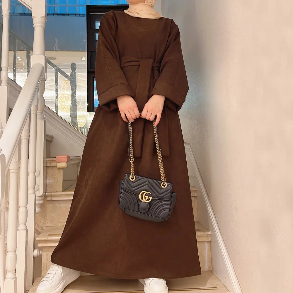 Muslim Woman Abaya Dress Dubai Turkey Belted Fashion Hijab Long Dresses Islam Ramadan Clothing Kaftan Moroccan Kimono