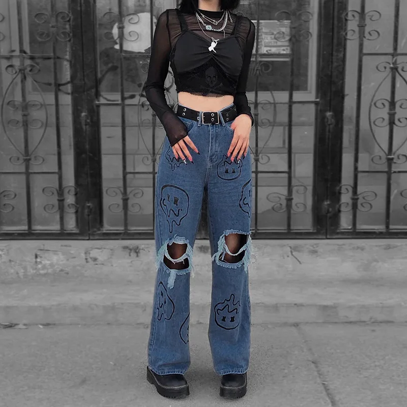 

Smile Ripped Baggy Jeans Y2k Aesthetic High Waisted Wide Leg Jeans Femme Pants Streetwear Women Spodnie Damskie Denim Trousers