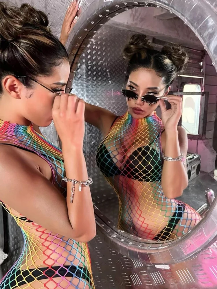 

Tossy Sexy See Through Rainbow Cover Ups For Swimsuit 2022 Summer Club Party Women Dress Skinny Sleeveless Beachwear New
