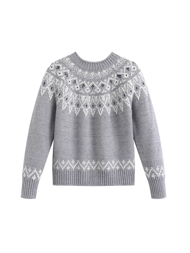 Aige 2024 Winter New Age-Reducing Versatile Fairisland Jacquard Knit Women Retro round Neck Raglan Sleeve Sweater