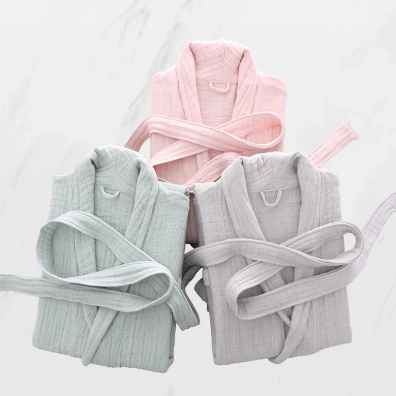 

Unisex 100% Cotton Women Bathrobe Autumn Winter Ladies Dressing Gown with Sashes Absorbent Soft Sleepwear Robe for Female 2021
