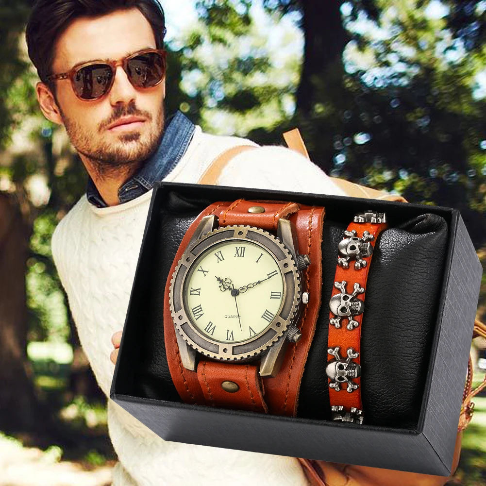 

Vintage Cowhide Watch Man Watch Quartz Watch Light Brown Leather Strap Five Pointed Star Bracelet 2-Piece Set Gift Set Friend