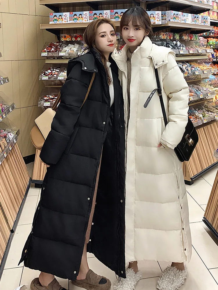 Winter Jacket Women X-long Thicken Down Coat with A Hood Straight Elegant Outerwear 2022 Korean Fashion Female Parkas