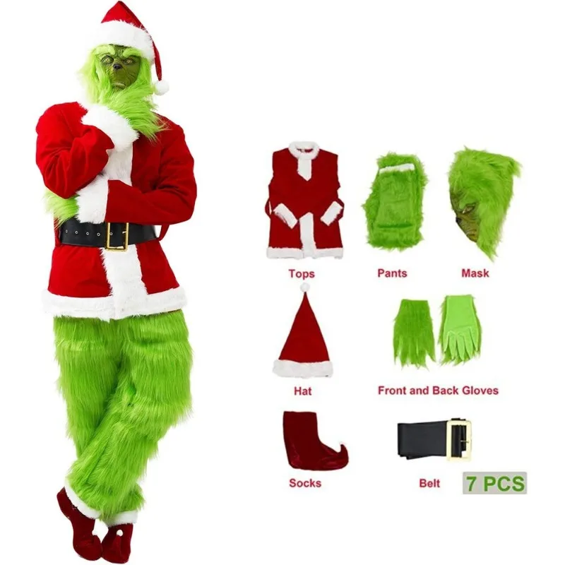 

Green Monster Santa Claus Costume Set Cosplay Party Prom Adult Performance Costume Role Playing Halloween Costume Wholesale