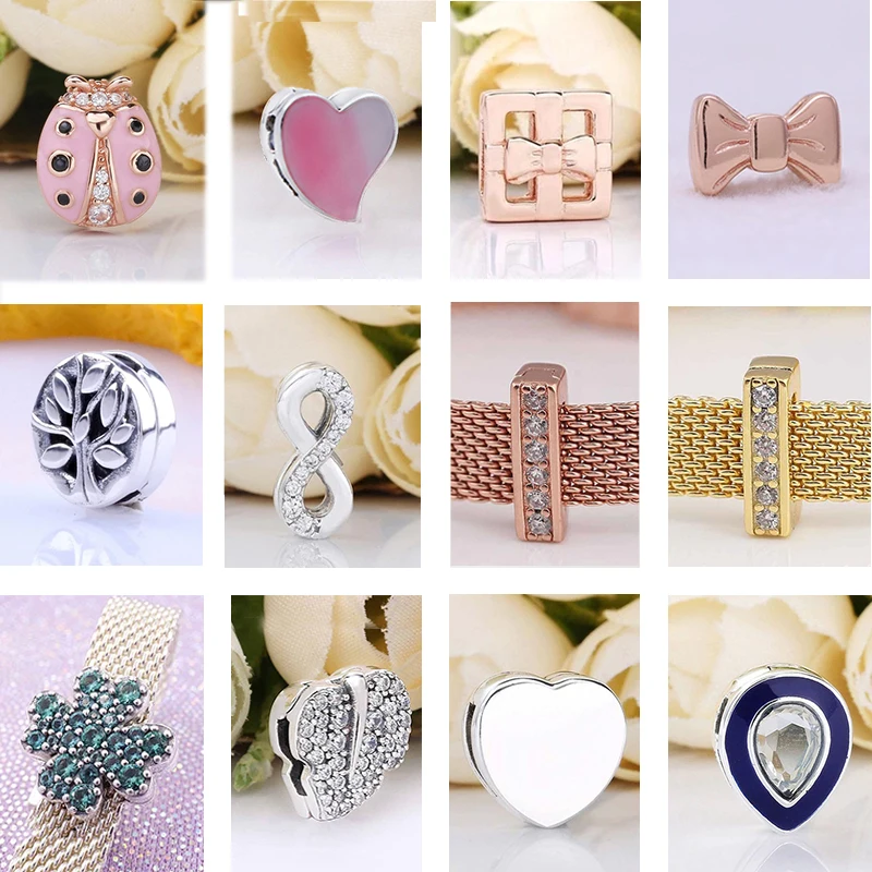 

Trendy 925 Sterling Silver Bead Sparkling Reflexion Clips Love Heart Charms Fit Original Pandora Bracelets Women jewelry