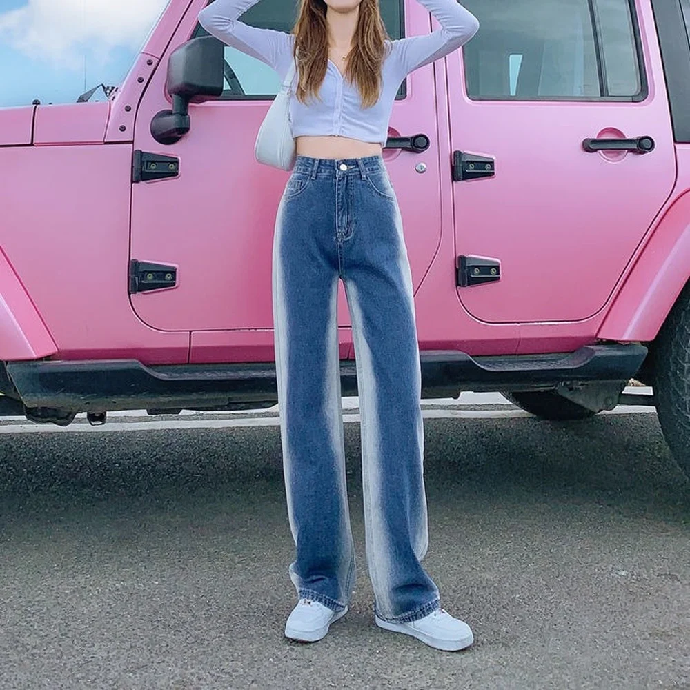 

High Waist Denim Jean Women Trousers Autumn Fashion Blue Tie Dye Straight Denim Pants High Street Harajuku 90s Jeans Streetwear