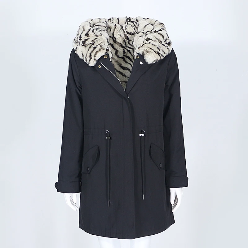 

Aoottii 2022 Leopard Long Waterproof Parka Winter Jacket Women Real Fur Coat Natural Rex Rabbit Fur Warm Detachable Outerwear