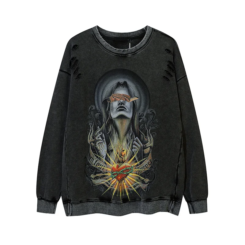 

Sweatshirts Men Retro Virgin Mary Print Cotton Pullover Autumn Fashion O-Neck Casual Cozy Baggy Long Sleeve Washed Sweat Shirt
