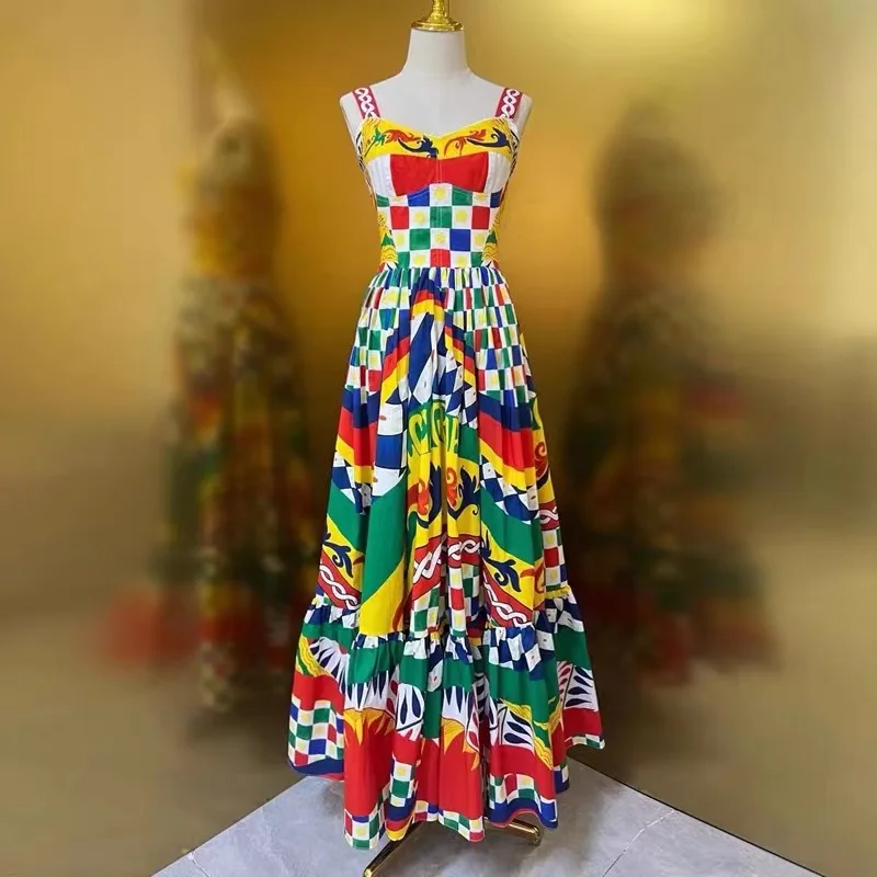 

Женское модельное Платье макси с открытой спиной, праздничное платье на бретелях-спагетти с разноцветным принтом, эластичное длинное платье с нагрудной подушкой на спине, лето