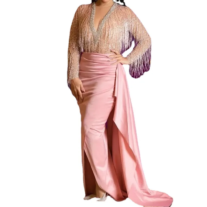 2022 New arrival fashion sexy V-neck tassel slim fit elegant split gown long sleeved temperament casual ladies evening dress