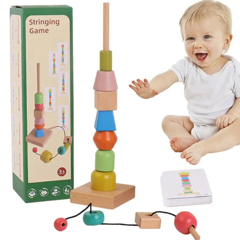 

Lacing Bead Set Woodiness Stacked Succession Building Blocks Game for Sort Montessori Educational Stringing Toy for Children