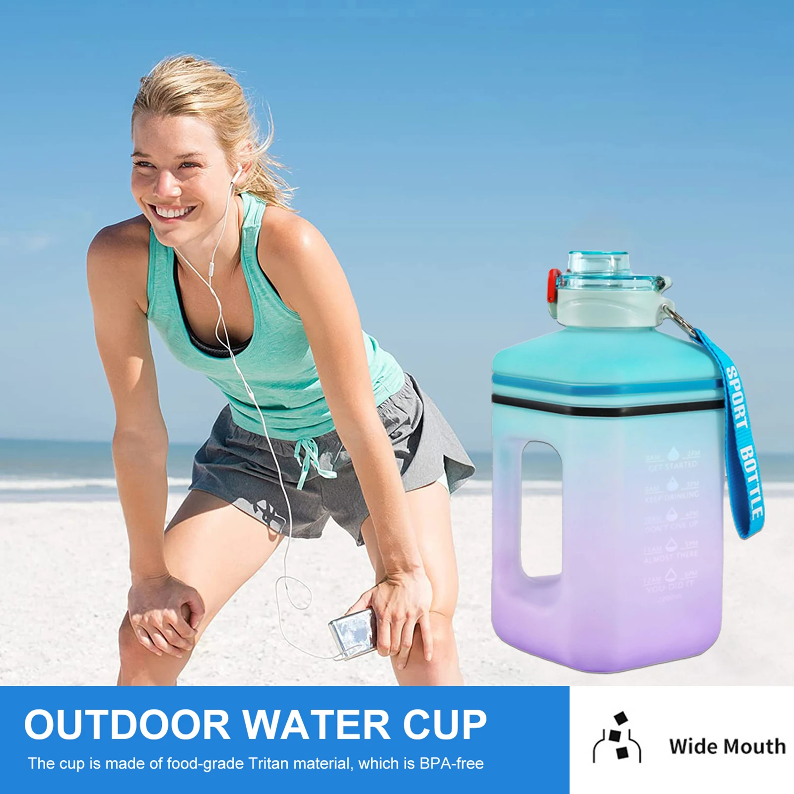 

2.2L Drinking Cups Large Capacity Gradient Cool Drinks Kettles Leakproof Plastic Water Mug Gifts with Rope and Scale for Outdoor
