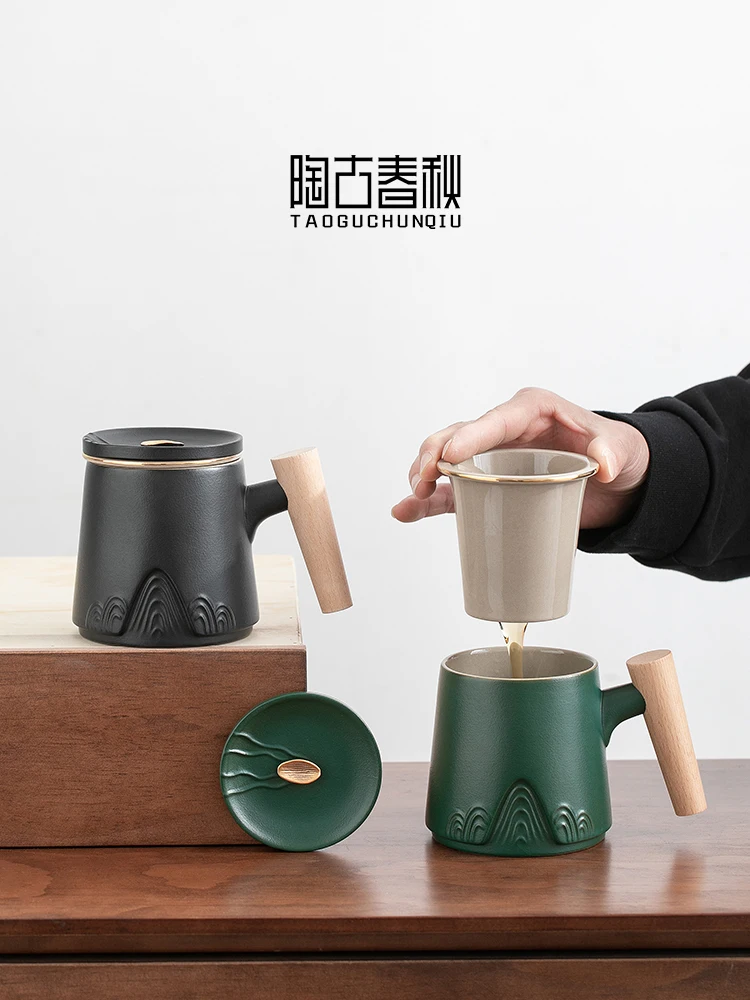 

Ceramic Retro Coffee Cup Office Water Cup Filter Tea Cup with Cover Cups Mugs Wooden Handle Caneca Birthday Gift Box JP(Origin)
