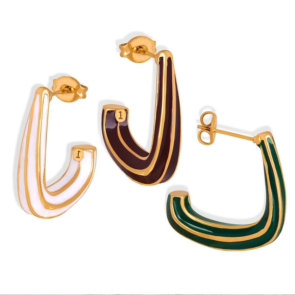 

ALLNEWME French 18K Gold PVD Plating Stainless Steel Stripes Multicolor Enamel L Shaped Irregular Chunky Stud Earrings for Women