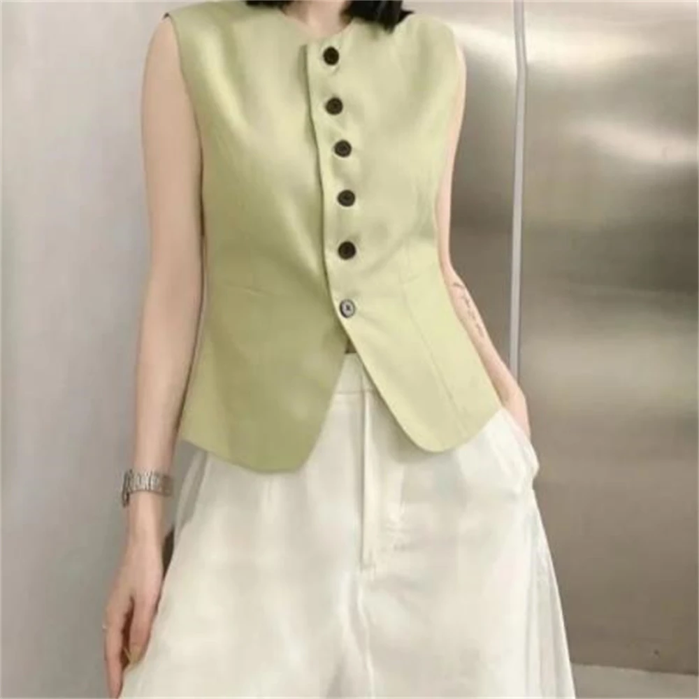 

Casual Slim Solid Color O-Neck Waistcoat Sleeveless Coat Single Breasted OL Ladies Suit Vest Tops Spring Summer Women Vest