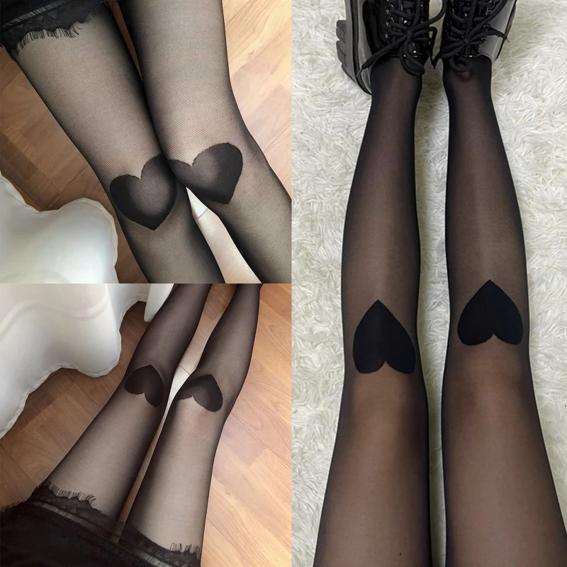

Women Gothic Silky Transparent Pantyhose Harajuku Sweet Knee Love Heart Pattern Sheer Tights Personality Thin Stockings