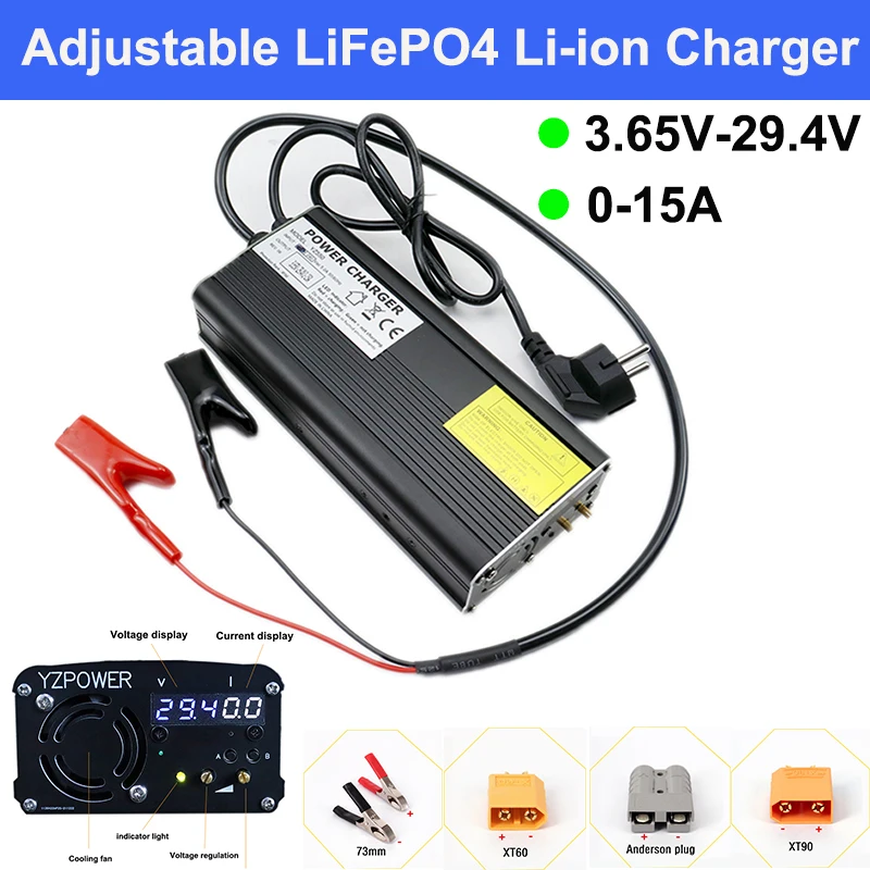 

Adjustable Voltage and Current 3.65V 14.6V 29.2V 15A Lifepo4 Lithium Ion Charger with Display High-power Aluminum Shell Charger