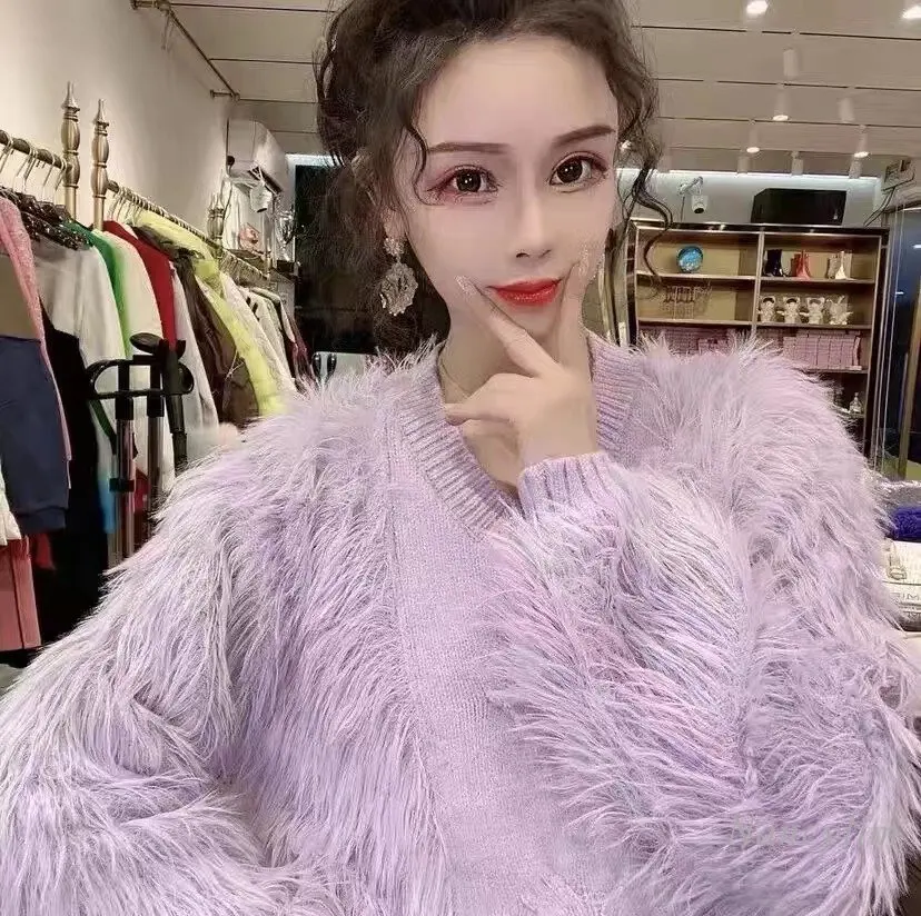 

Autumn and Winter New Thickened Fur Sweater for Women Short Heavy-Duty Diamond Knitted Sweater Idle Style Loose Fairy Pull Top
