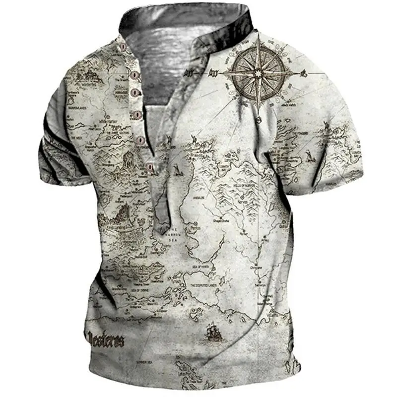 Summer New Fashion Men's Muscle Six Button V-neck Short Sleeves Map Graphic 3D Printed Cool Tops Retro Streetwear