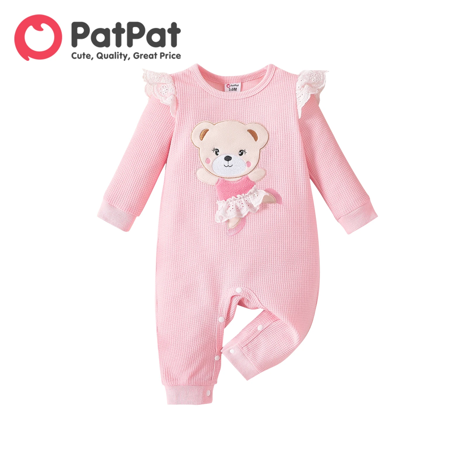 

PatPat Newborn Baby Girl Clothes Jumpsuit New Born Baby Items Bear Embroidered Pink Waffle Long-sleeve Ruffle Trim Bodysuits