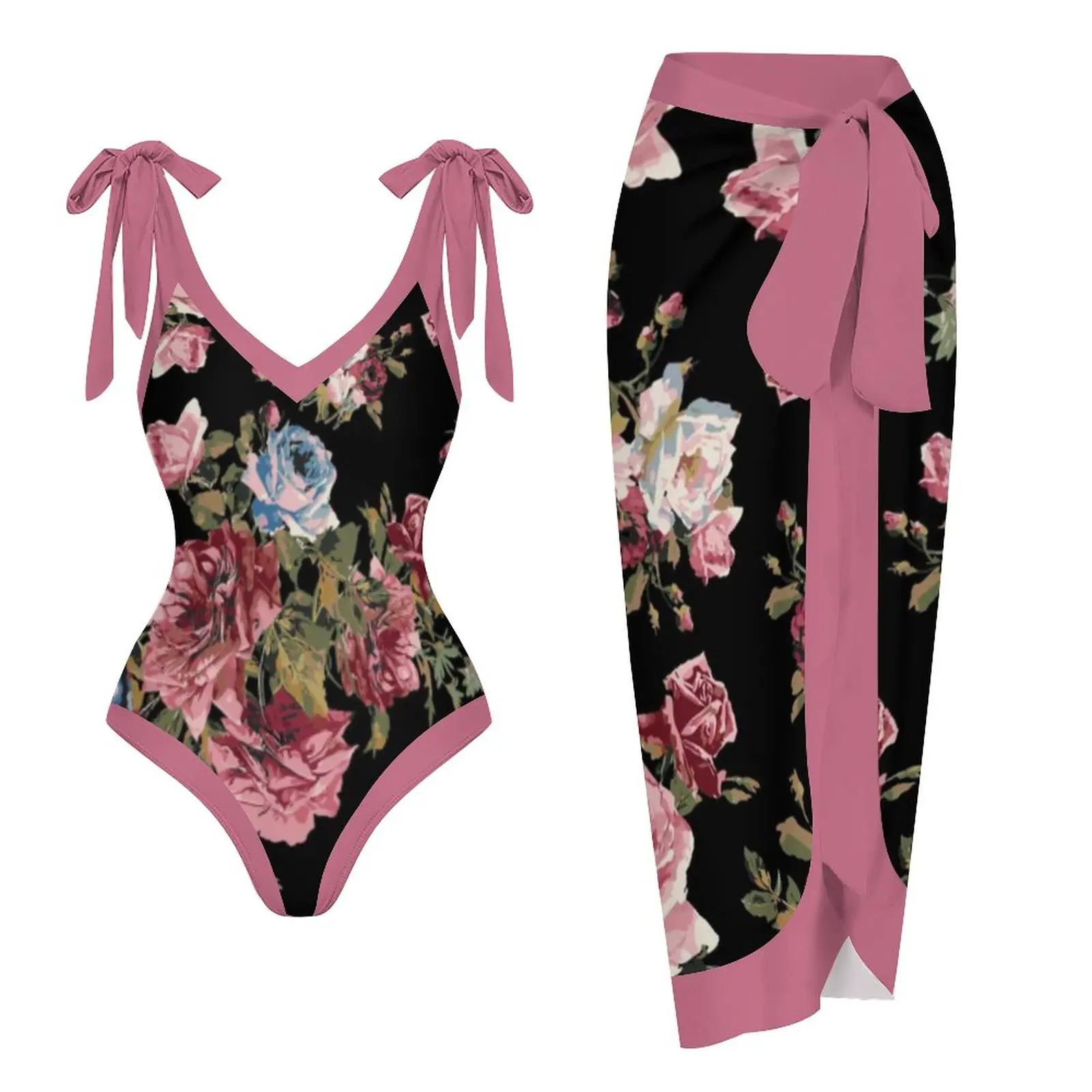 

2023 New Female Retro Wine Red Rose Swimsuit Print 2 Piece Sleeveless Swimsuits and Cover Up Designer Bathing Suit Summer