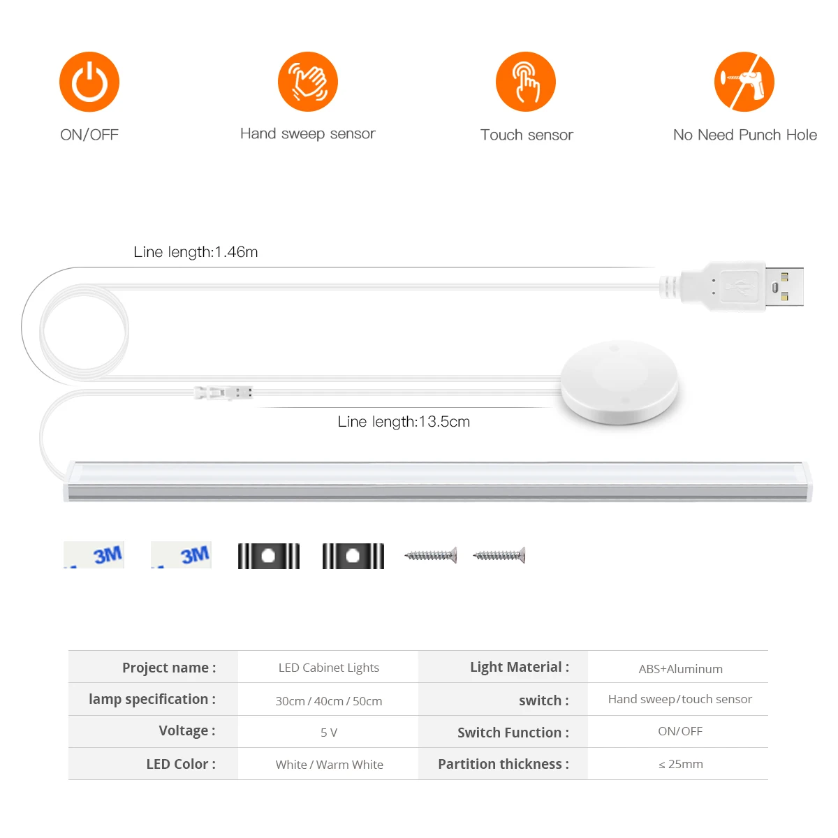 USB-лампа для шкафа 20 мм 30/40/50 см