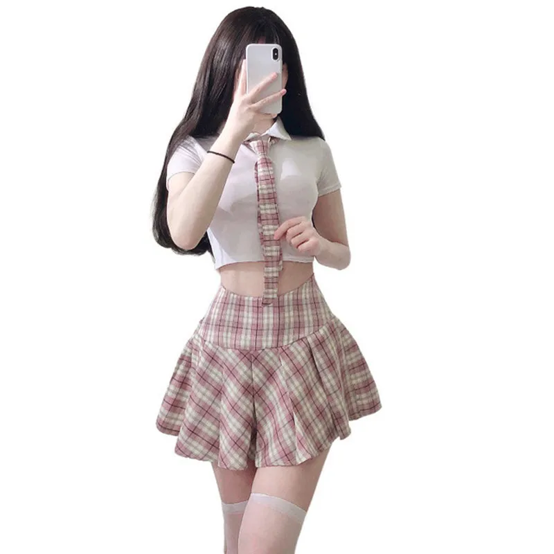 

Japanese Schoolgirl Uniform Cosplay Costume JK Plaid Sweet Women Sexy Pajamas Student Pleated High Waist Skirt Bow Tempatation