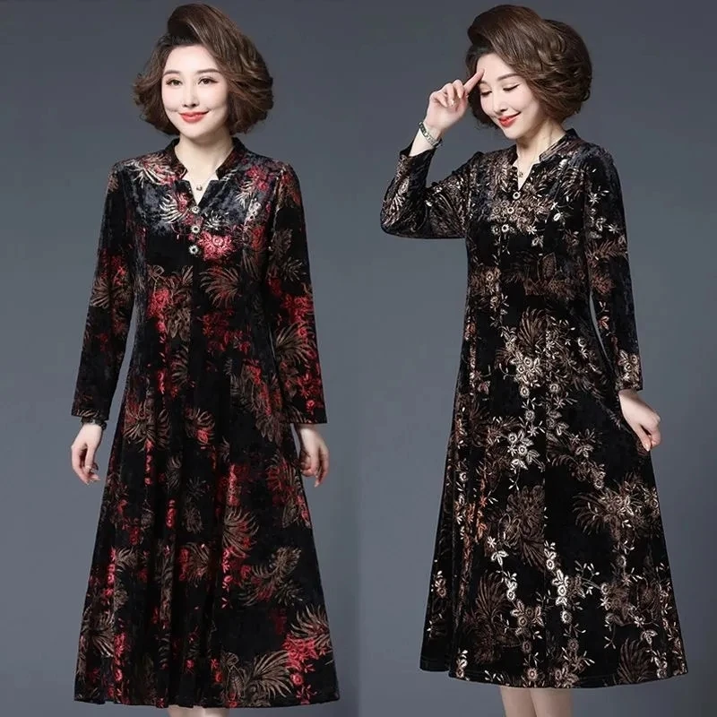 

Женское длинное платье, золотистое бархатное платье для женщин, повседневная одежда для мамы на осень и зиму, платье на пуговицах с длинным рукавом, женское платье