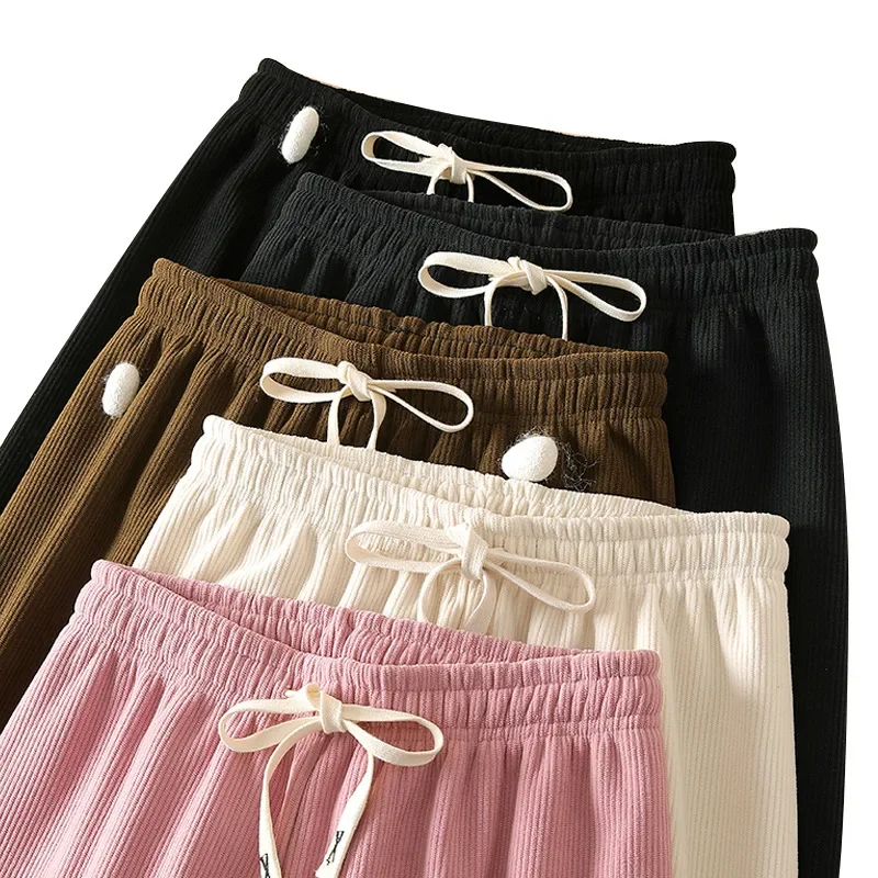 Бархатные плотные теплые длинные широкие брюки женские со шнуровкой