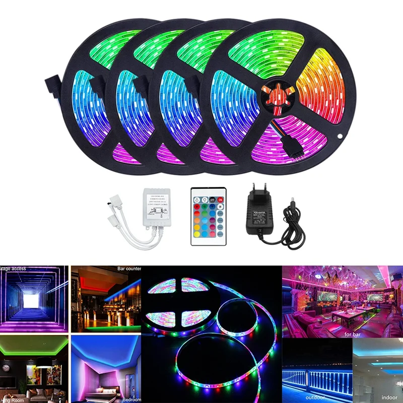 

AT35 LED Strips Lights 20M 3528 RGB Flexible Waterproof Tape With 24 Key Remote Control+Adapter For Bedroom Party