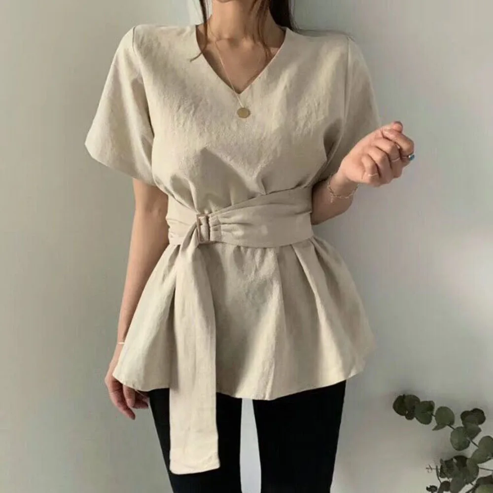 

Women Summer Slim Casual Blouse Belt Fashion Simple Elegant Office Lady Shirts Korean Janpanese Style V-neck Tops Streetwear