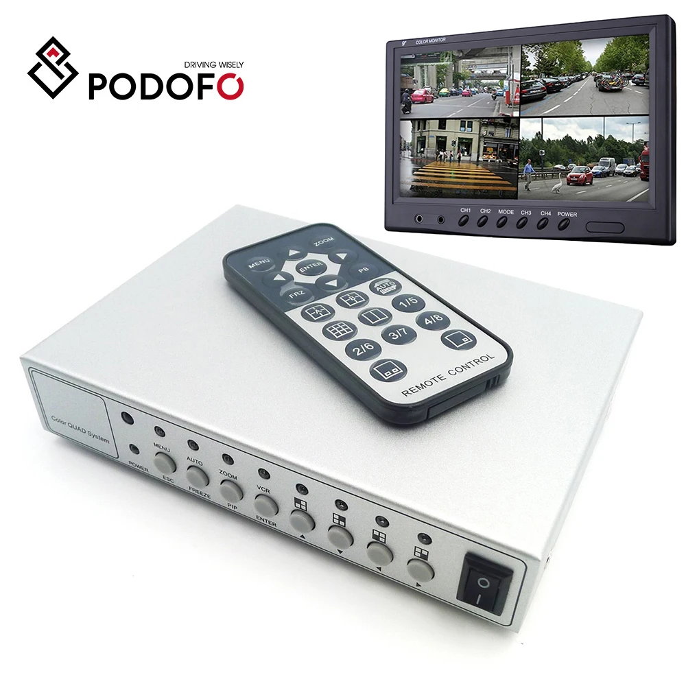 

Podofo Metal Shell HD Color Video Quad Splitter CCTV Video Camera Processor System Kit Switcher, Remote Control 6 BNC Adapter