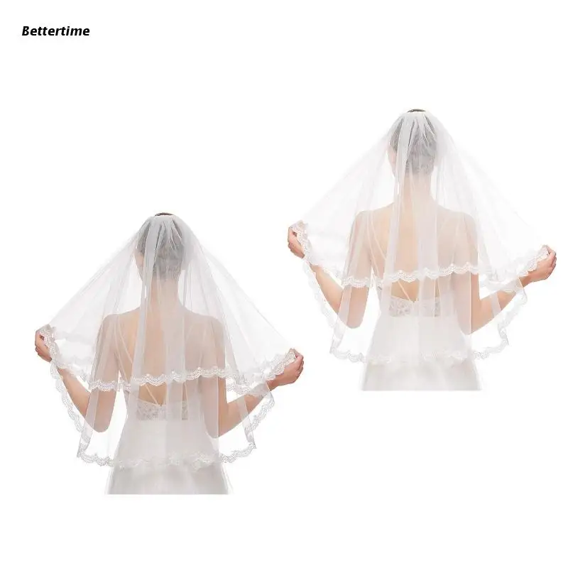 

B36D Wedding Veil with Comb Sheer Tulle Bridal Hair Accessories for Brides 2 Layers with Lace Trim Props for Photo Taking