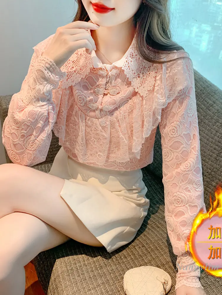 

Autumn Winter Fleece-Lined Thickened Lace Shirts Women 2022 Chinese Style Button Knots Ruffled Blouse Inner Wear Undershirts Top