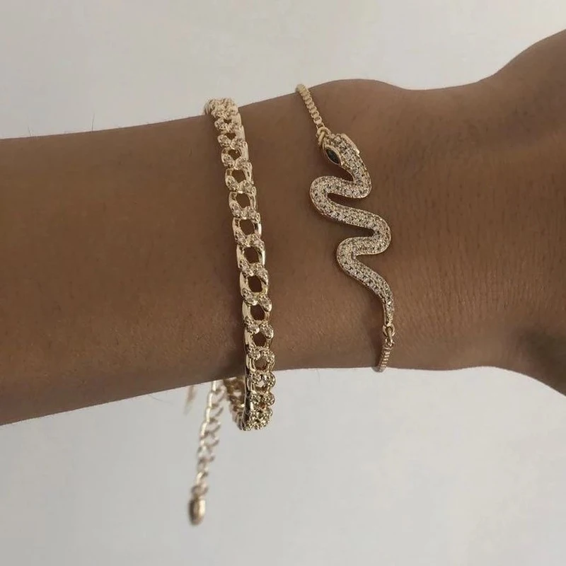 

Punk Indian Chunky Chain Snake Bracelet Bangle Set For Women Gold Color Serpent Crystal Multilayer Charm Bracelets Boho Jewelry