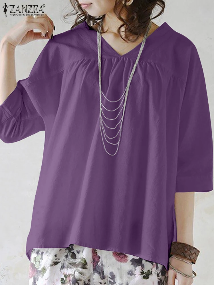 

2022 модная летняя блузка ZANZEA, женская элегантная Однотонная рубашка с V-образным вырезом и рукавом 3/4, повседневная свободная туника, мешкова...