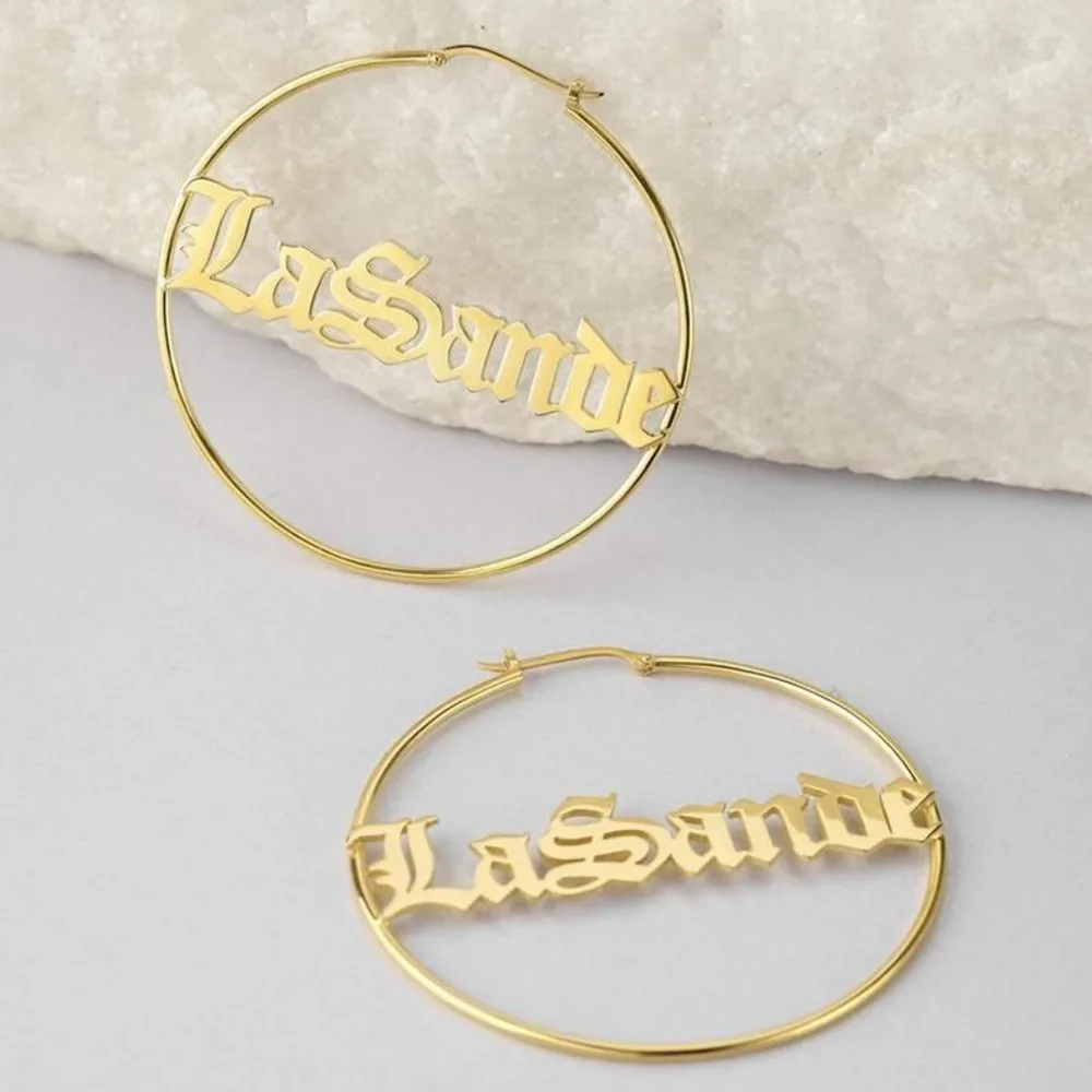 

JewelryX Custom Name Hoop Earrings Personalized Nameplate Circle Ears Gold Color Stainless Steel Jewelry For Women Gift