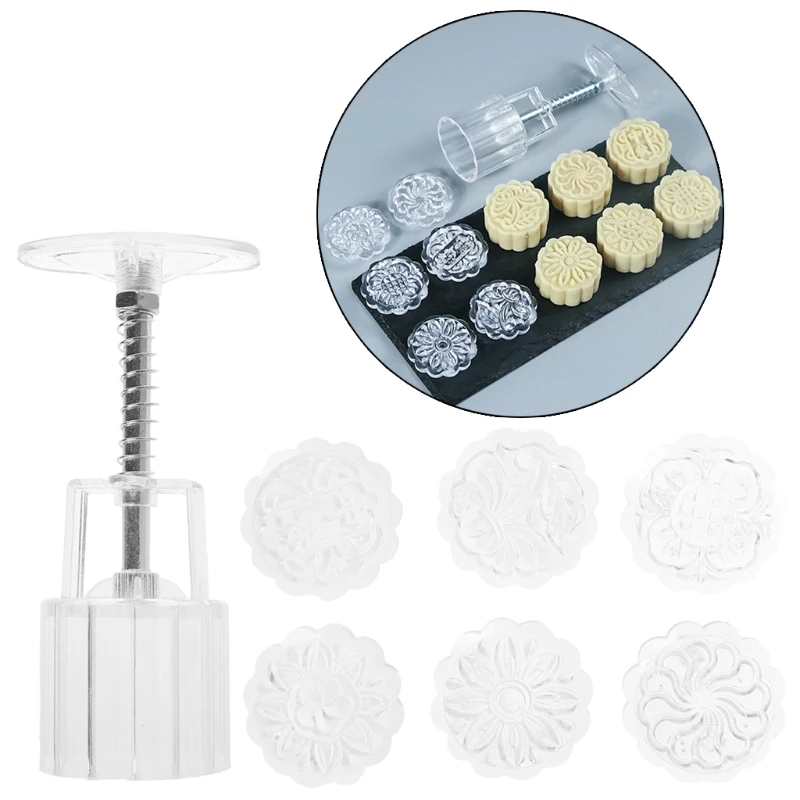 

6 Flower Stamps Moon Cake Mould Transparent Round Mooncake Mold Baking Decor 50g dropshipping