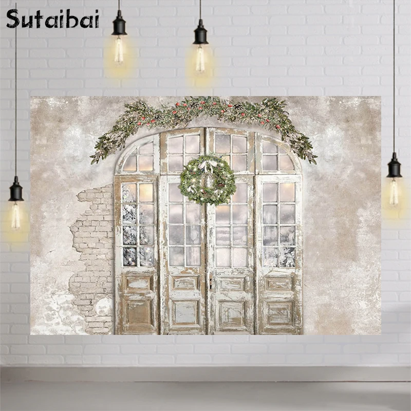 

Wooden Door Old Village Stone Brick Wall Backdrop Baby Portrait Photography Background for Photo Shoot Vintage Christmas Decor