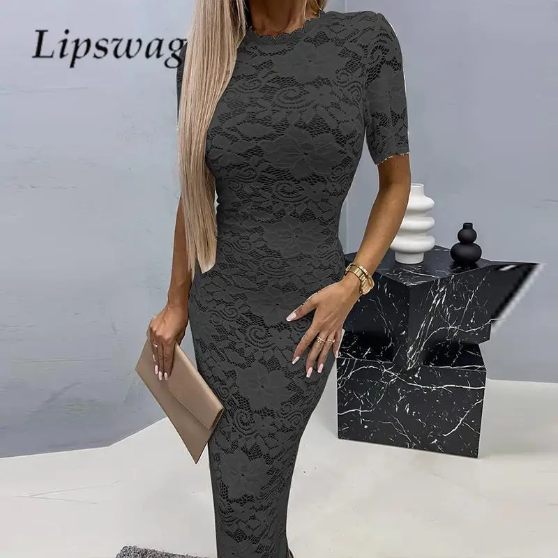 

Модное облегающее платье с круглым вырезом и коротким рукавом, элегантное женское однотонное кружевное жаккардовое платье, летнее женское облегающее длинное платье, новинка