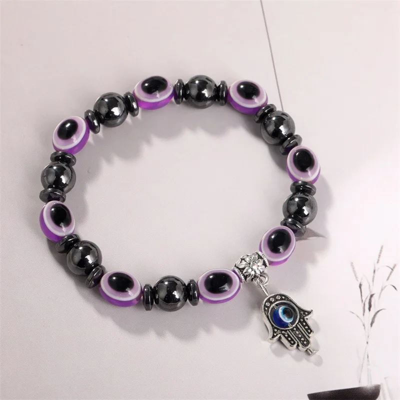 

10mm Blue Evil Eye Bracelet For Woman Men Lucky Turkish Palm Pendant Handmade Elastic Bracelet Ethnic Style Jewelry Friends Gift