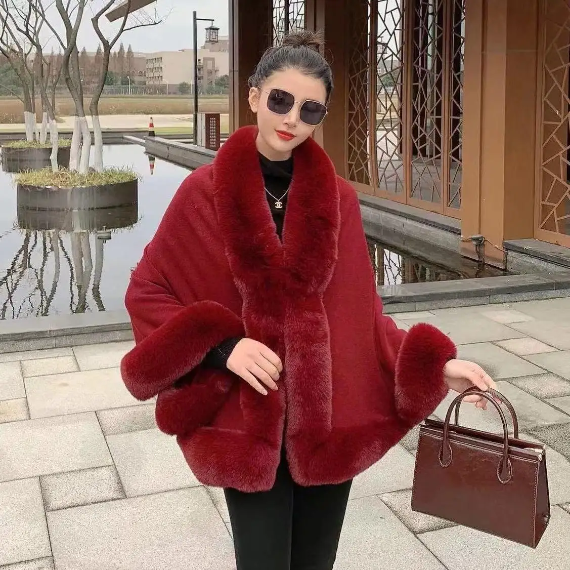 Новая осенне-зимняя накидка с воротником из искусственного меха кролика рекс