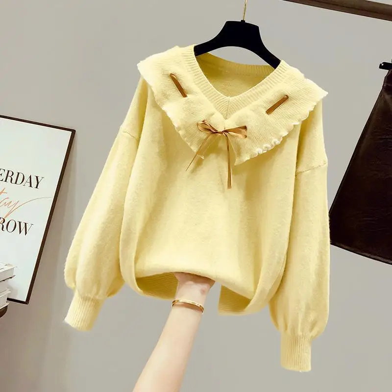 

Japanese Jumper 2023 Autumn Winter New Sweater Women Sweet Simple Solid V Neck Long Lantern Sleeve Knitted Pullover X750
