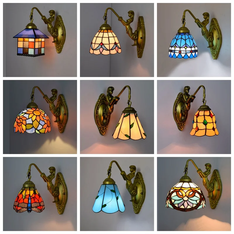 

Nordic Style Tiffany Wall Lamps Colorful Stained Glass Mirror Front Lamp Bedroom Bedside Sconces Aisle Corridor Balcony Lights