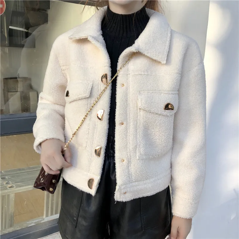 

Women Solid Jacket Fleece Shaggy Warm Lamb Wool Autumn Winter Coat Overcoat Outwear Crop Top Tweed Jacket Elegant Lady 2021