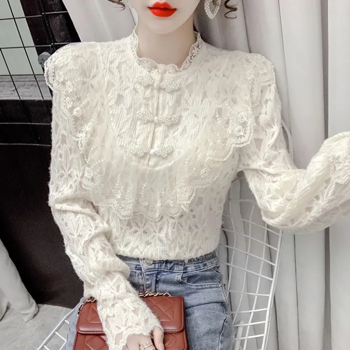 Кружевная рубашка с рюшами в стиле ретро женская утепленная на флисовой