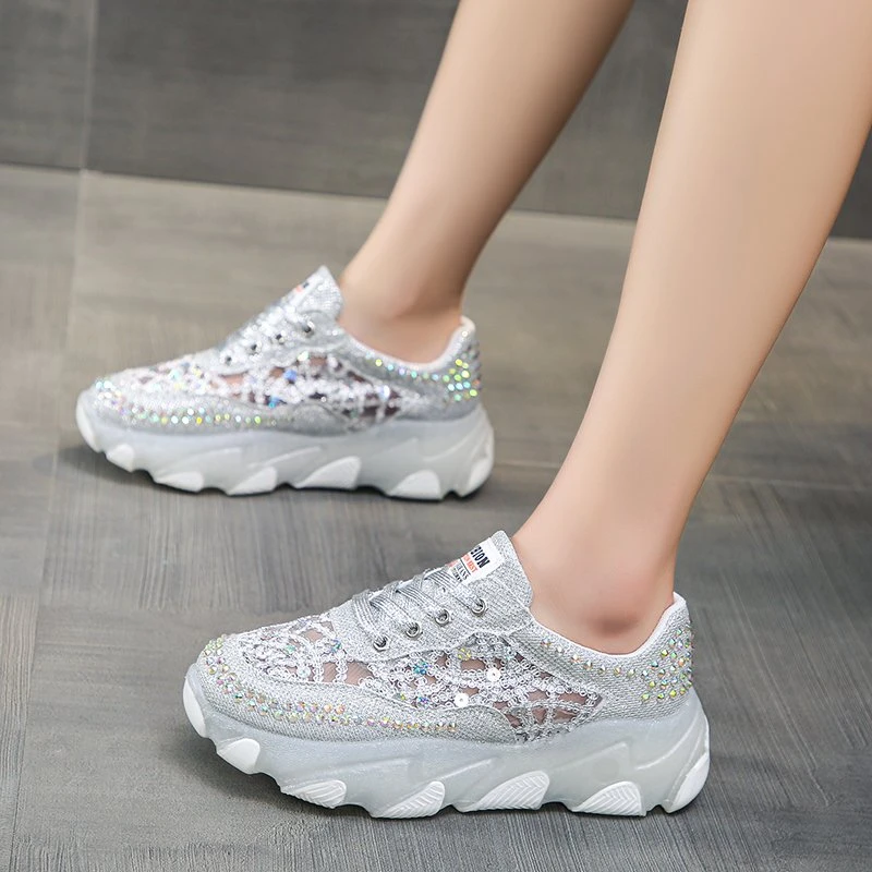 Hollow Out Shiny Crystal Sneakers Women 2022 Spring Breathable Mesh Casual Shoes Woman Thick Bottom Platform Sport Shoes
