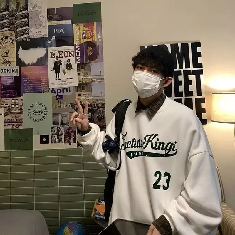 

2022NEW long-sleeved T-shirt men's autumn winter plus velvet thickening Hong Kong style casual sweatshirt trend loose hip-ho